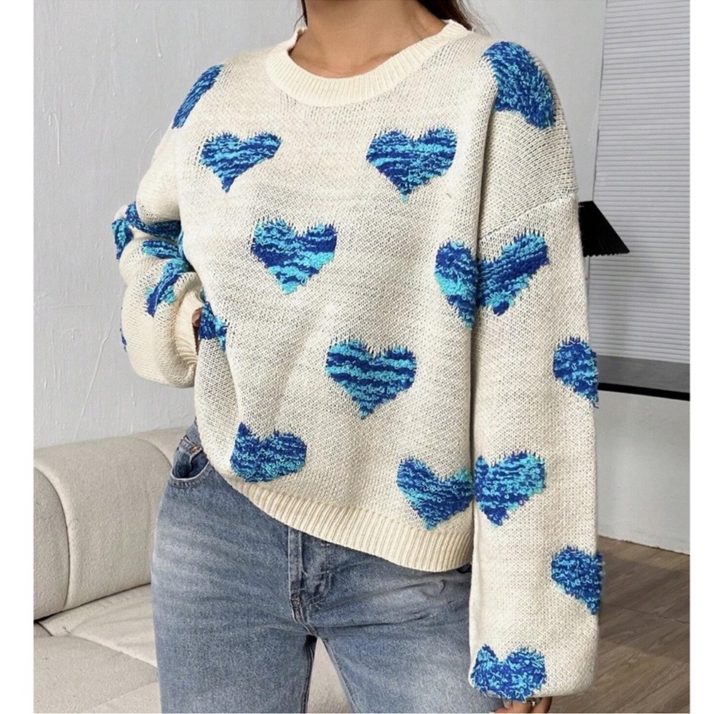 Cozy Blue Hearts Print Oversized Knit Sweater Top XS S M L